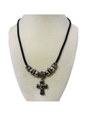 Brighton Silver Cross and Black Leather Necklace